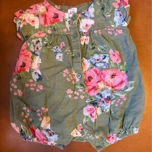 GAP Olive Floral Baby Bubble Romper with Pink Accents
